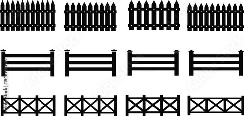 Black wooden fence icon set with various timber garden picket silhouettes ranch rail styles and farm boundary structures isolated on white background for design