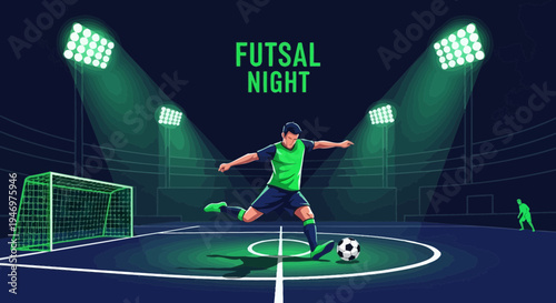 Futsol Night Illustration Showing Athlete Kicking Soccer Ball Under Stadium Lights