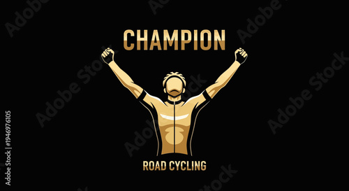 Golden Cyclist Champion Celebrates Road Cycling Victory Triumph