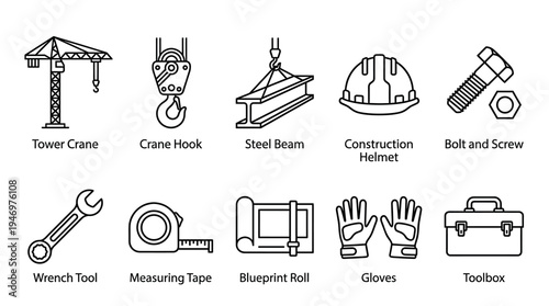 A clean line art illustration featuring a collection of essential construction tools and safety equipment on a white background, perfect for design projects.