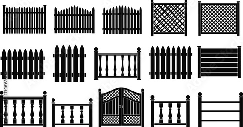 Black Vector Fence Silhouettes Set Including Picket Fences Garden Gates Lattice Panels Balustrades and Wooden Railing Icons for Landscape Design Architecture and Outdoor Boundary Graphic Elements