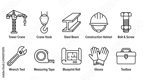 A clean, modern icon set featuring essential construction tools and safety equipment in a simple line art style, perfect for design projects.