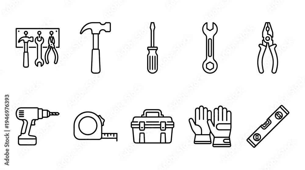 Fototapeta premium A collection of black and white line art icons depicting various tools like a hammer, screwdriver, wrench, pliers, drill, tape measure, toolbox, gloves, and level.