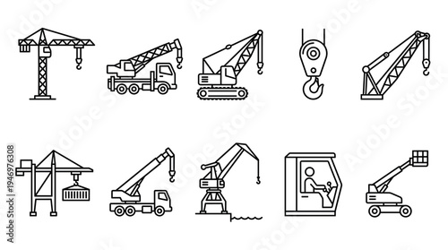 A collection of line art icons representing various types of cranes and lifting equipment for construction and industrial use.