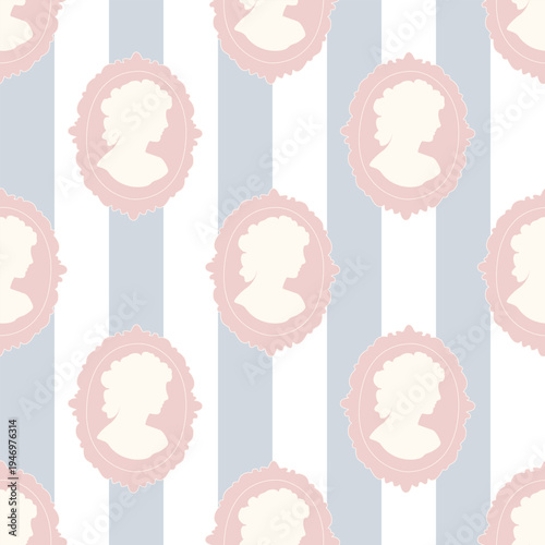 Seamless vector pattern featuring elegant regency lady cameos in pink frames over blue and white stripes. Sophisticated vintage aesthetic for high-society decor.