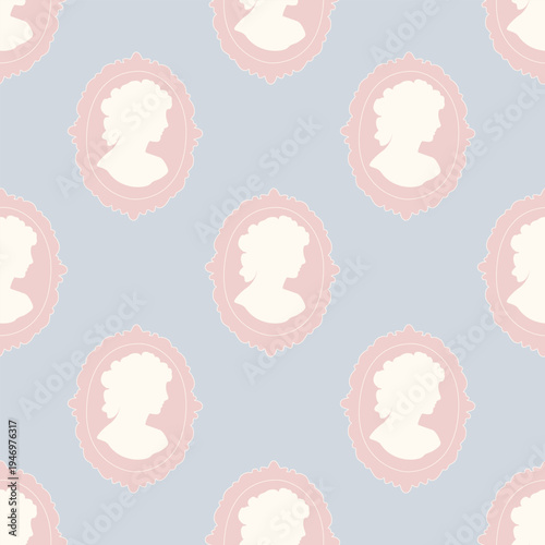 Elegant seamless vector pattern with vintage cameo lady silhouettes in ornate pink frames on blue. Perfect for regency-core stationery and period-style branding.