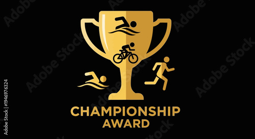 Golden Triathlon Championship Trophy Icon With Sportsman Silhouettes Celebrates Victory