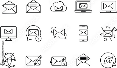 email communication and messaging line icons set, envelope, laptop mail, smartphone message, cloud email, secure mail outline symbols