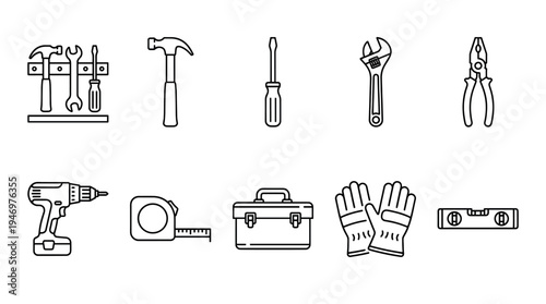 A clean, minimalist illustration showcases a collection of essential tools including a drill, hammer, screwdriver, wrench, pliers, tape measure, toolbox, gloves, and level.