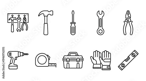 A collection of black and white line art icons depicting various tools like a hammer, screwdriver, wrench, pliers, drill, tape measure, toolbox, gloves, and level.