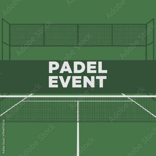 Graphic Illustration Depicting a Padel Event on a Green Court with Netting Details and Text