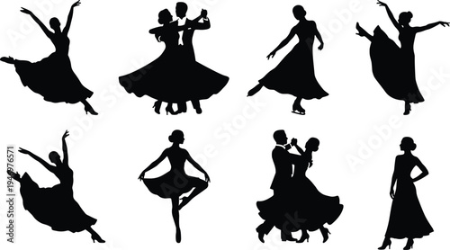 Ballroom Dance Silhouette Collection with Waltz Tango Ballet Dancers Elegant Couple Performance Poses Isolated on White Background