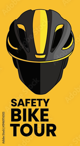 Graphic Illustration Depicting Bicycle Safety Helmet For Bike Touring Activities On Yellow
