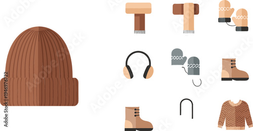 Winter clothing accessories set with knitted hat earmuffs gloves scarf boots and sweater cozy cold season flat vector illustration
