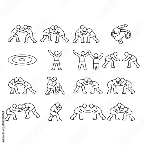 Wrestling and Grappling Move Icon Set - Line Art and Minimalist Design