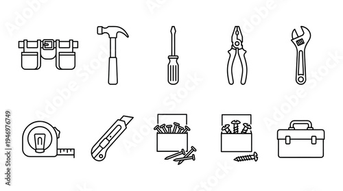 A clean black and white line art set of various handyman tools including a hammer, screwdriver, pliers, wrench, tape measure, utility knife, nails, screws and toolbox.