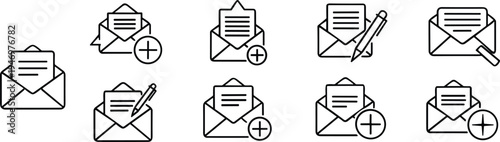 email compose and message writing line icons set, envelope letter, add message, edit mail, communication outline symbols
