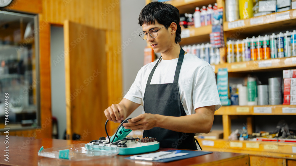 Fototapeta premium Hardware store employee handling rotary tool preparing for repairs