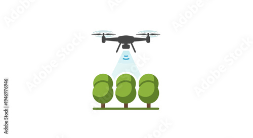Drone sprays green trees with liquid.