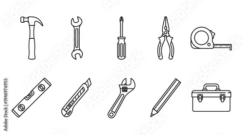 A collection of line art icons featuring various hand tools including a hammer, wrenches, screwdriver, pliers, measuring tape, level, utility knife, and toolbox.