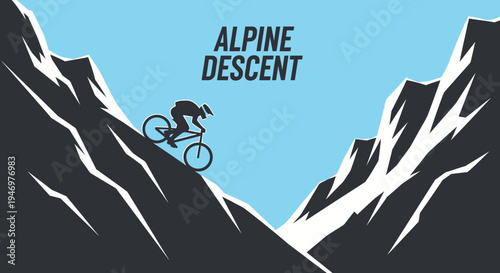 Graphic Representation Of An Alpine Descent With A Cyclist Riding Downhill And Bold Visuals