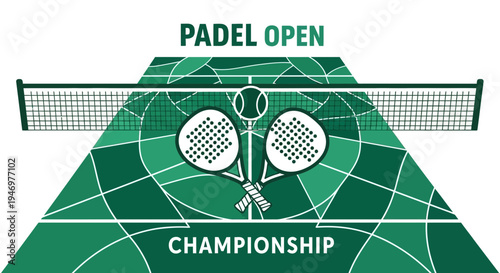 Green Padel Championship Tournament Illustration Featuring Rackets, Court, Ball and Net