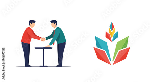 Businessmen shaking hands over a table with a document, symbolizing agreement and partnership, next to a colorful abstract leaf logo vector illustration