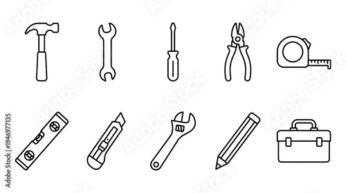 A clean line art collection of ten essential tools including a hammer, wrenches, screwdriver, pliers, tape measure, level, utility knife, pencil, and toolbox.