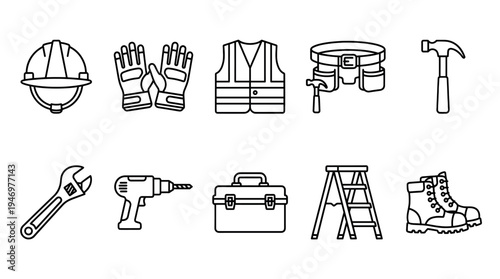 A clean, modern graphic design presents a collection of essential construction tools and safety equipment, depicted as simple black line art on a white background for versatility.