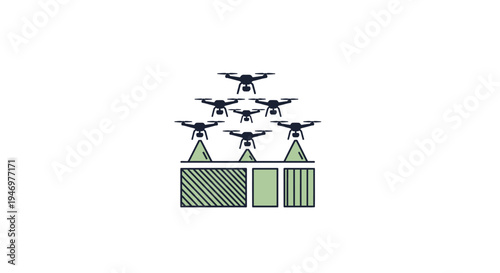 Drones Flying Over Green Crates.