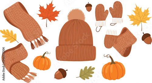 Autumn cozy accessories set with knitted hat scarf mittens socks pumpkins leaves and acorns fall seasonal flat vector illustration