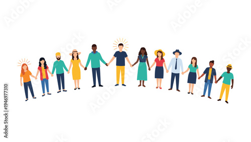 Diverse group of people from different backgrounds standing in a long row and holding hands to represent global unity and peace.