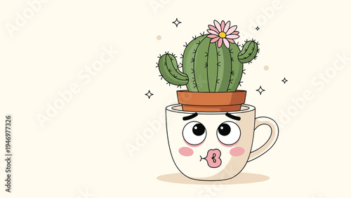Cute green cactus with a pink flower sits in a decorative mug that features a blushing and kissing face expression.