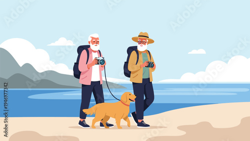 Two senior men enjoy a walk on the sandy beach with their golden retriever dog while carrying cameras for photography.