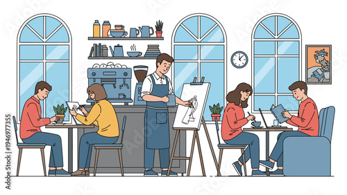 Busy cafe interior shows people working on laptops, reading books, painting on easels, and a barista preparing fresh coffee.