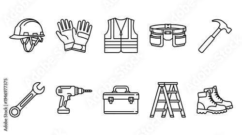 A clean line art collection of essential construction tools and safety gear including a hard hat, gloves, vest, tool belt, hammer, wrench, drill, toolbox, ladder, and boots.