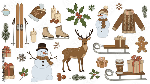 Assortment of winter and Christmas icons including a deer, snowman, skis, warm sweater, and festive decorations on white.