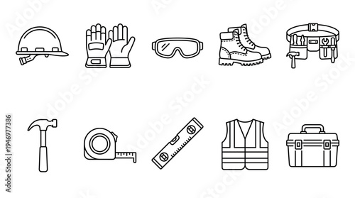 A clean outline illustration features essential construction safety equipment and tools, including a hard hat, gloves, goggles, boots, and a tool belt, ideal for representing industry or work.
