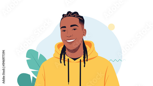Portrait of a confident and happy young Black man with braids wearing a bright yellow hoodie against a stylized background.