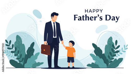 Businessman father in a suit holds hands with his young son to celebrate Happy Father's Day amidst soft nature elements.