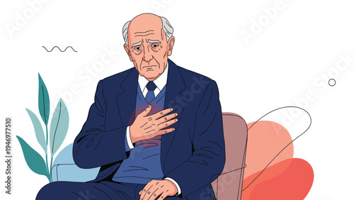 Elderly man in a business suit sits down while clutching his chest in pain suggesting a potential heart attack or health crisis.