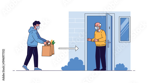 Young man wearing a face mask delivers bags of fresh groceries to a senior man standing in his doorway during a pandemic.