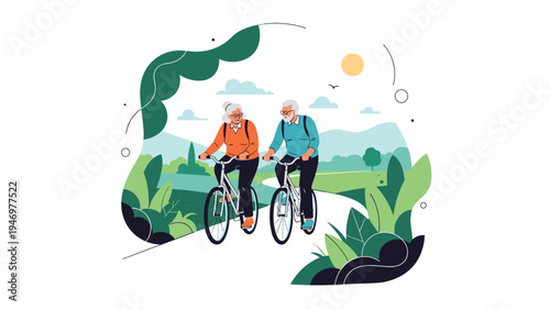 Active senior couple enjoys a bike ride through a beautiful green park landscape with hills and trees in the background.