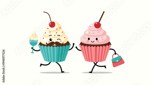 Two stylish cupcake characters walk happily together while carrying a small blue drink and a fashionable pink purse.