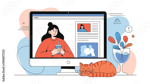 Computer monitor displays a video conference with a woman while an orange tabby cat sleeps peacefully on the desk in front.