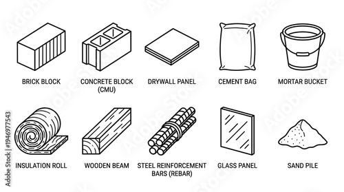A set of black and white isometric icons depicting various construction materials for building and renovation projects, including bricks, cement, wood, and insulation.