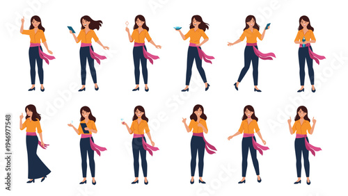Illustration set shows a woman in various poses and actions like thinking, reading, using a tablet, and gesturing for use.