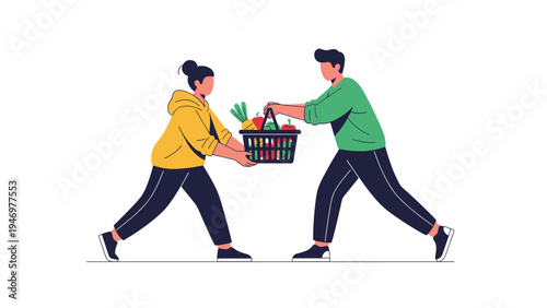 Young man and woman work together to carry a heavy basket filled with fresh vegetables and fruits in a cooperative gesture.