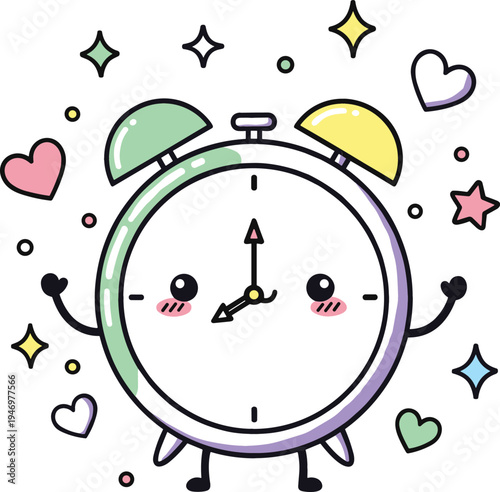 Cute kawaii alarm clock character with smiling face hearts and sparkles playful time concept cartoon flat vector illustration