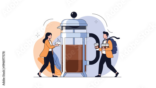Stylized illustration shows a giant French press coffee maker being serviced by a man and woman carrying multiple cups.